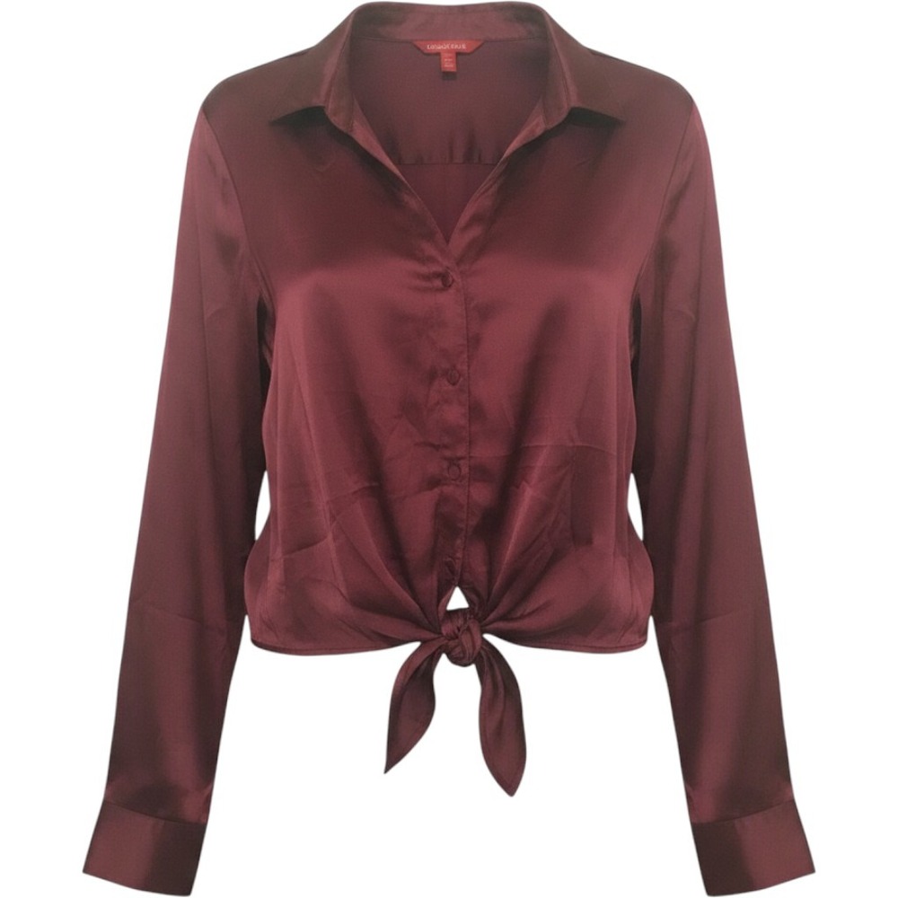 Guess Women's Satin Silk Wine Front Tie Button Up Blouse Medium‎